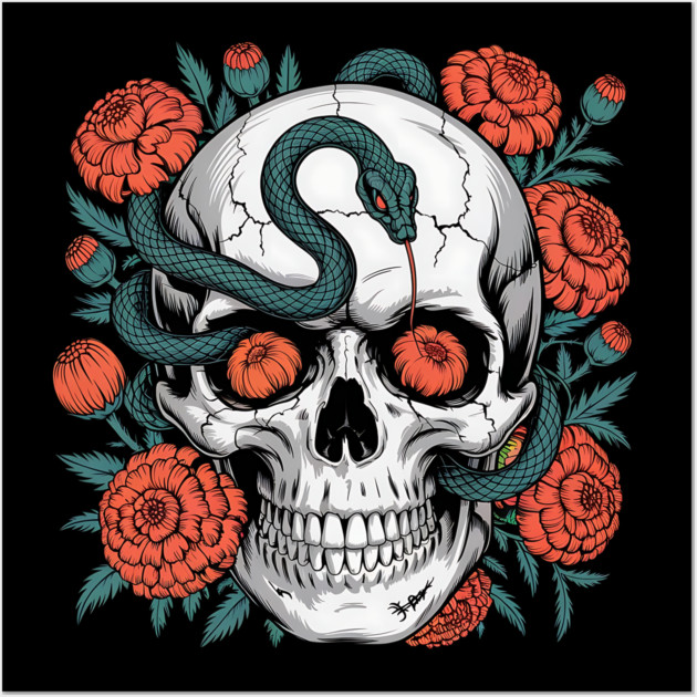 Skull Wrapped in Serpent with Marigolds Wall Art by BirdsnStuff