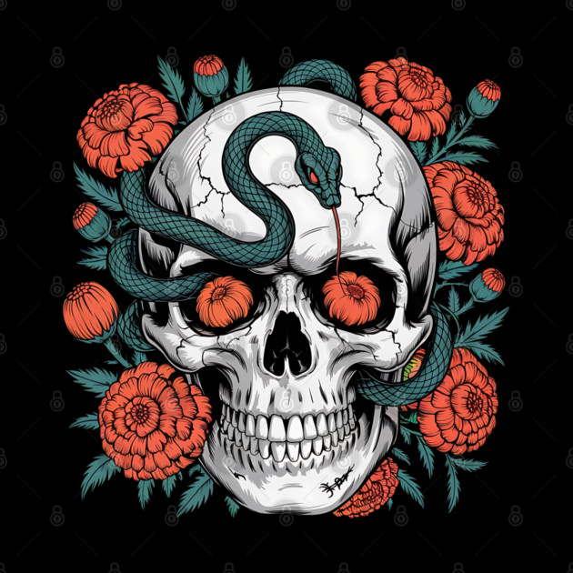 Skull Wrapped in Serpent with Marigolds by BirdsnStuff