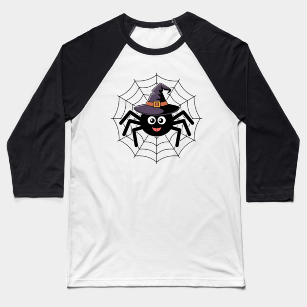Cute Witch Spider with Web Halloween Fun Baseball T-Shirt by BirdsnStuff
