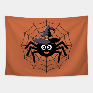 Cute Witch Spider with Web Halloween Fun Tapestry