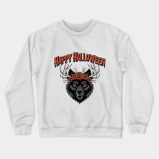 Wild Gothic Wolf with Antlers and Roses Crewneck Sweatshirt