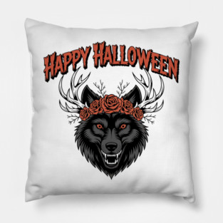 Wild Gothic Wolf with Antlers and Roses Pillow