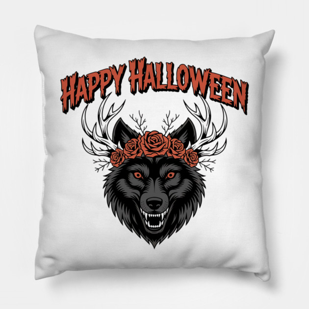 Wild Gothic Wolf with Antlers and Roses Pillow by BirdsnStuff