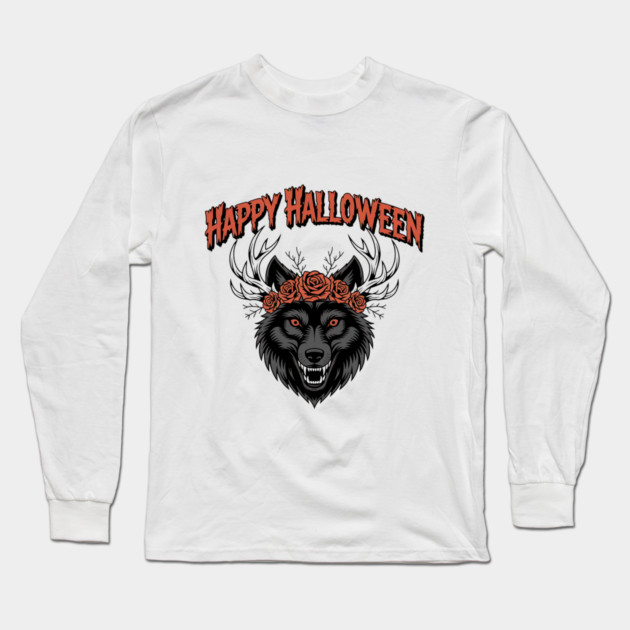 Wild Gothic Wolf with Antlers and Roses Long Sleeve T-Shirt by BirdsnStuff