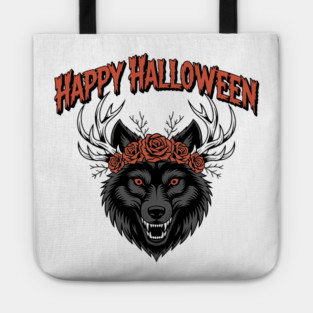 Wild Gothic Wolf with Antlers and Roses Tote
