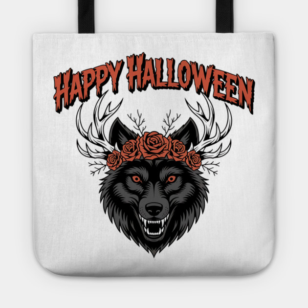 Wild Gothic Wolf with Antlers and Roses Tote by BirdsnStuff