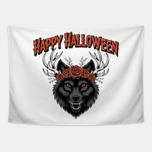 Wild Gothic Wolf with Antlers and Roses Tapestry