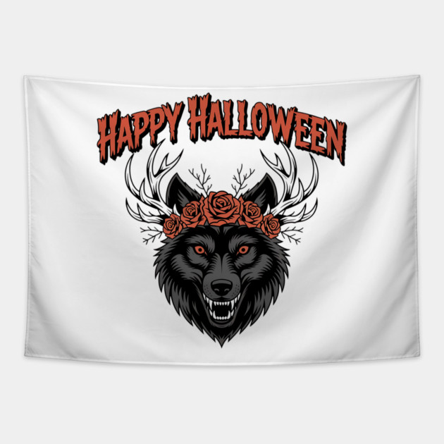 Wild Gothic Wolf with Antlers and Roses Tapestry by BirdsnStuff