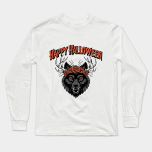 Wild Gothic Wolf with Antlers and Roses Long Sleeve T-Shirt