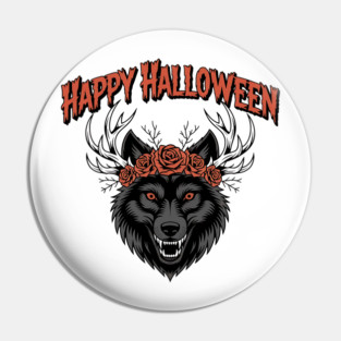 Wild Gothic Wolf with Antlers and Roses Pin