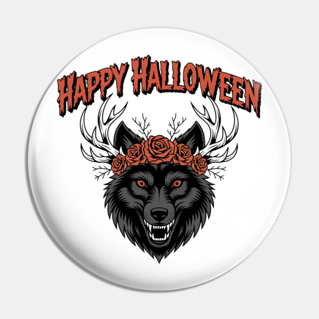 Wild Gothic Wolf with Antlers and Roses Pin by BirdsnStuff