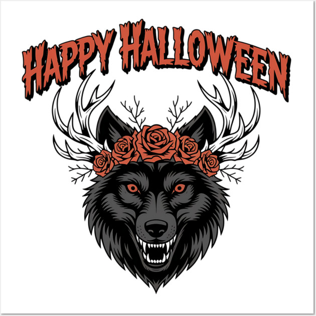 Wild Gothic Wolf with Antlers and Roses Wall Art by BirdsnStuff