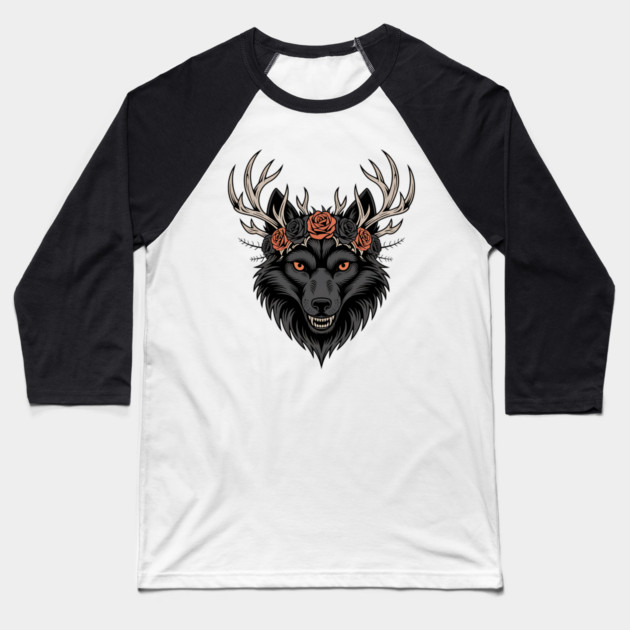 Gothic Wolf with Antlers and Rose Crown Baseball T-Shirt by BirdsnStuff