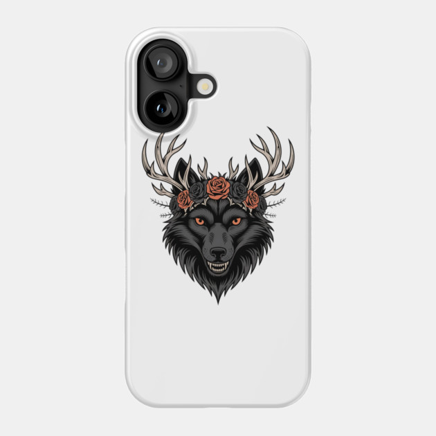 Gothic Wolf with Antlers and Rose Crown Phone Case by BirdsnStuff