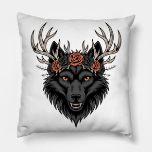 Gothic Wolf with Antlers and Rose Crown Pillow
