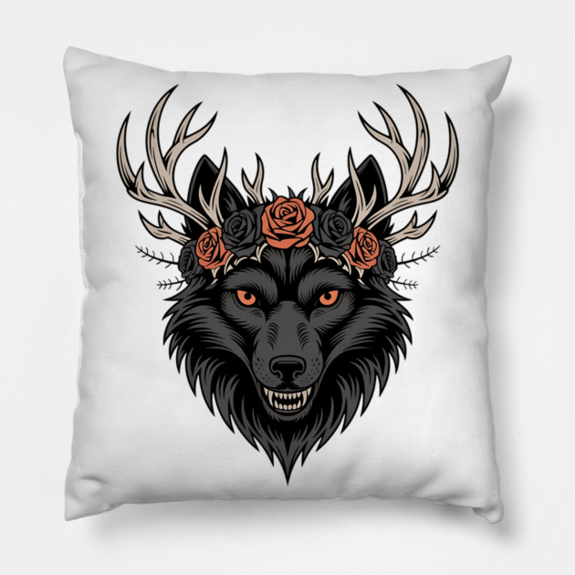 Gothic Wolf with Antlers and Rose Crown Pillow by BirdsnStuff