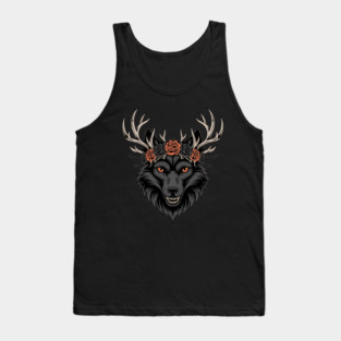 Gothic Wolf with Antlers and Rose Crown Tank Top