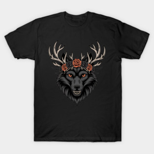 Gothic Wolf with Antlers and Rose Crown T-Shirt