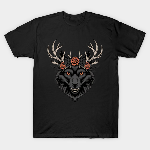 Gothic Wolf with Antlers and Rose Crown T-Shirt by BirdsnStuff
