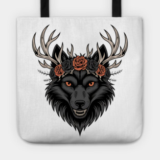 Gothic Wolf with Antlers and Rose Crown Tote