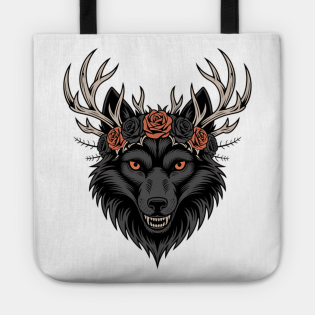 Gothic Wolf with Antlers and Rose Crown Tote by BirdsnStuff