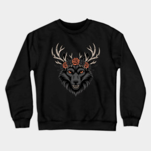 Gothic Wolf with Antlers and Rose Crown Crewneck Sweatshirt