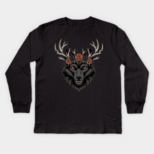Gothic Wolf with Antlers and Rose Crown Kids Long Sleeve T-Shirt