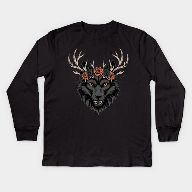 Gothic Wolf with Antlers and Rose Crown Kids Long Sleeve T-Shirt by BirdsnStuff