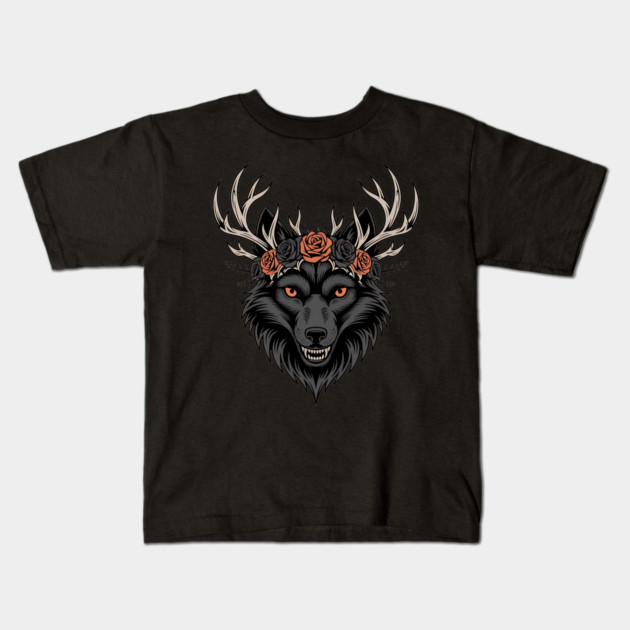 Gothic Wolf with Antlers and Rose Crown Kids T-Shirt by BirdsnStuff