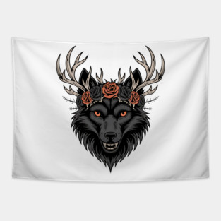 Gothic Wolf with Antlers and Rose Crown Tapestry