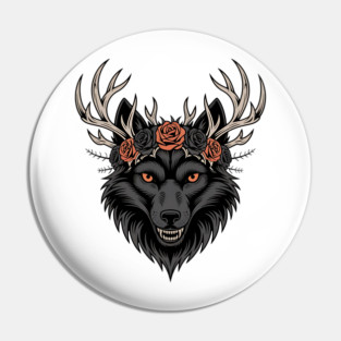 Gothic Wolf with Antlers and Rose Crown Pin