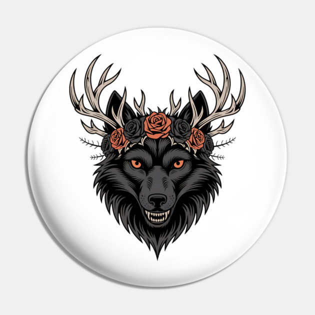 Gothic Wolf with Antlers and Rose Crown Pin by BirdsnStuff