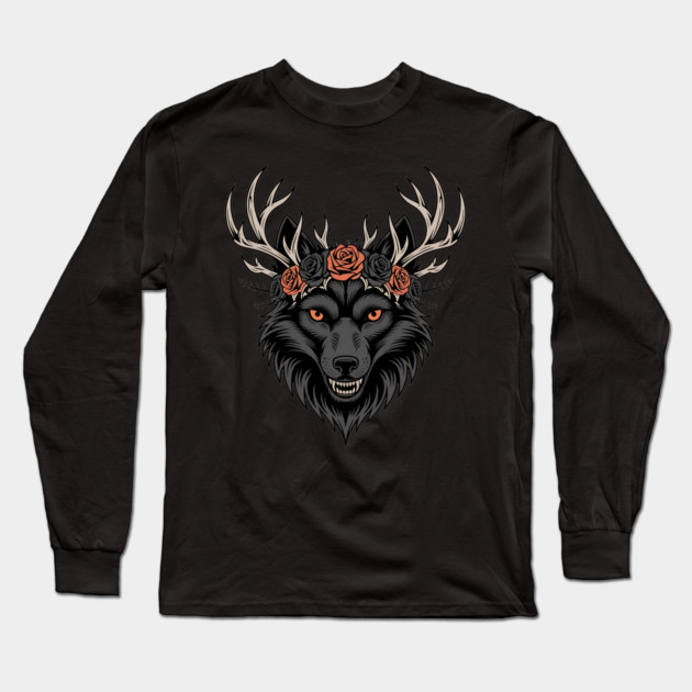 Gothic Wolf with Antlers and Rose Crown Long Sleeve T-Shirt by BirdsnStuff