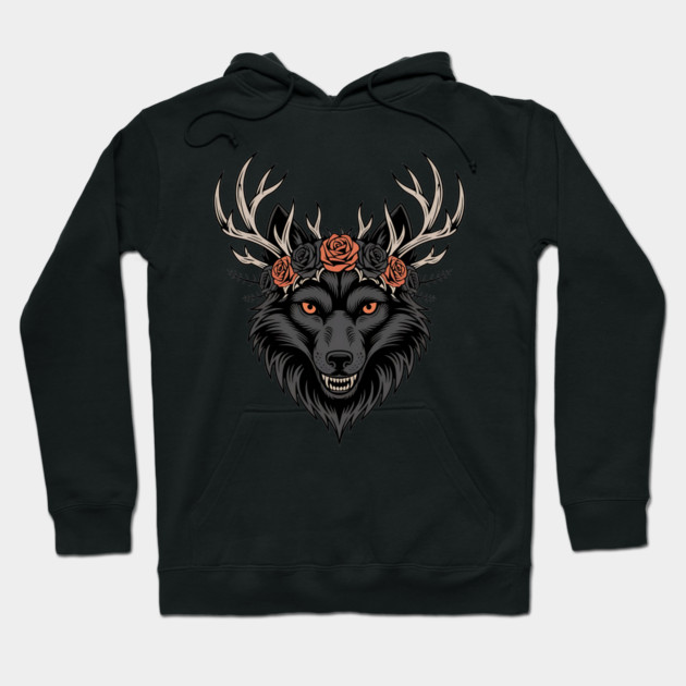 Gothic Wolf with Antlers and Rose Crown Hoodie by BirdsnStuff