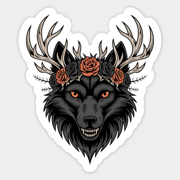 Gothic Wolf with Antlers and Rose Crown Magnet by BirdsnStuff