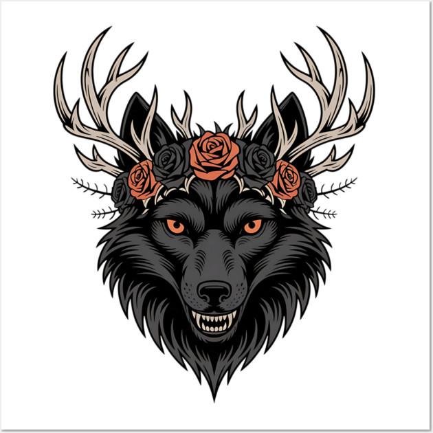 Gothic Wolf with Antlers and Rose Crown Wall Art by BirdsnStuff