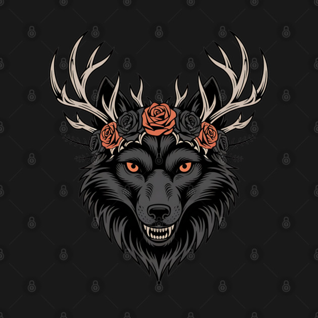 Gothic Wolf with Antlers and Rose Crown by BirdsnStuff