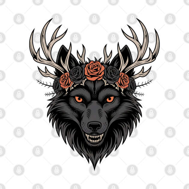 Gothic Wolf with Antlers and Rose Crown by BirdsnStuff