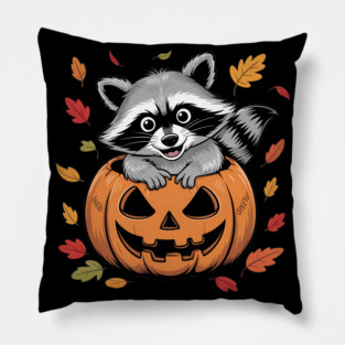 Adorable Raccoon in Jack-o'-Lantern with Leaves Pillow