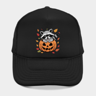 Adorable Raccoon in Jack-o'-Lantern with Leaves Hat