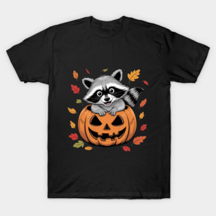 Adorable Raccoon in Jack-o'-Lantern with Leaves T-Shirt