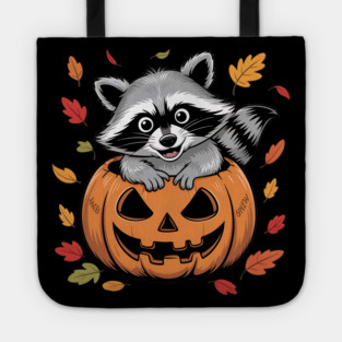 Adorable Raccoon in Jack-o'-Lantern with Leaves Tote