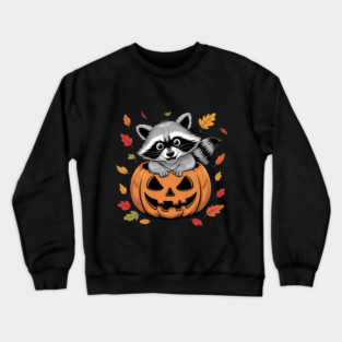 Adorable Raccoon in Jack-o'-Lantern with Leaves Crewneck Sweatshirt