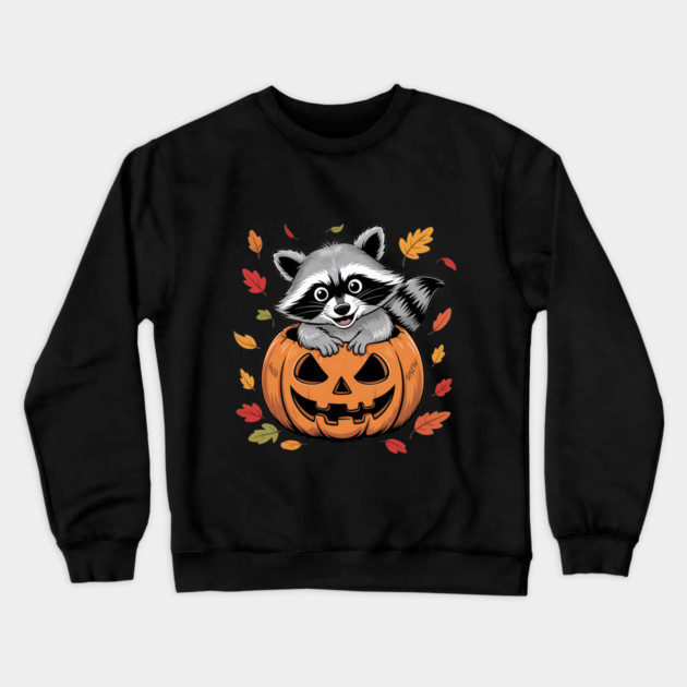 Adorable Raccoon in Jack-o'-Lantern with Leaves Crewneck Sweatshirt by BirdsnStuff