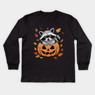 Adorable Raccoon in Jack-o'-Lantern with Leaves Kids Long Sleeve T-Shirt