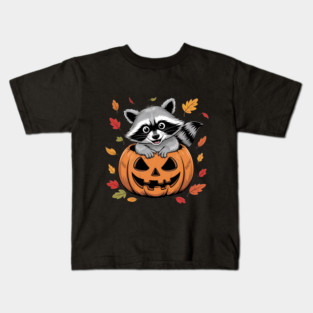 Adorable Raccoon in Jack-o'-Lantern with Leaves Kids T-Shirt
