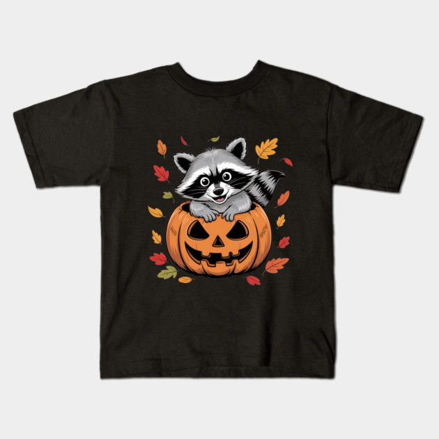 Adorable Raccoon in Jack-o'-Lantern with Leaves Kids T-Shirt by BirdsnStuff
