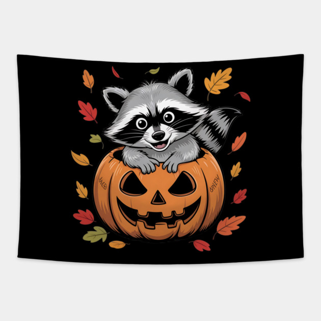 Adorable Raccoon in Jack-o'-Lantern with Leaves Tapestry by BirdsnStuff