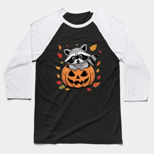 Adorable Raccoon in Jack-o'-Lantern with Leaves Baseball T-Shirt by BirdsnStuff