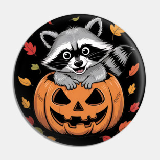 Adorable Raccoon in Jack-o'-Lantern with Leaves Pin